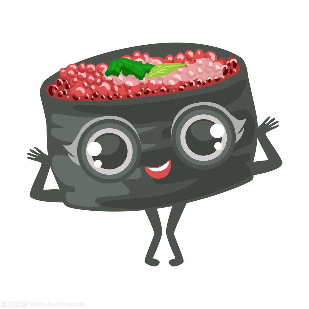寿司的红色鱼蛋可爱动漫人性化卡通食品字符表情符号矢量图